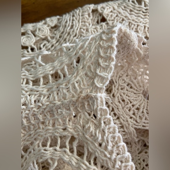 Vintage Solitaire XL Crocheted Knit Top Beige Circles Poplin Short Bubble Sleeve - Picture 11 of 11